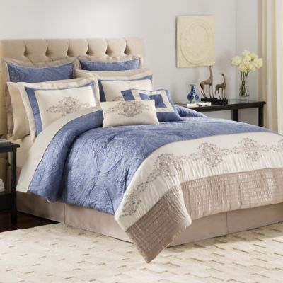 Vendome 12-Piece Complete Comforter Set in Ivory/Blue - Bed Bath & Beyond