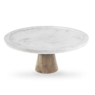 Artisanal Kitchen Supply  White Marble and Wood Cake  Stand  