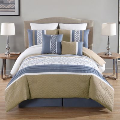 Ibrahim 8 Piece Embroidered Comforter Set in Blue  Taupe  