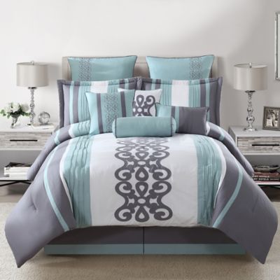 Kerri 10-Piece Comforter Set in Teal/Silver/White - Bed