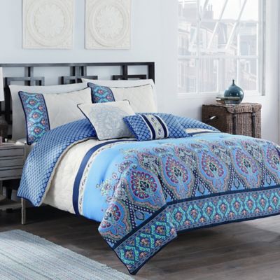 Malia 5-Piece Reversible Comforter Set In Blue/Ivory - Bed Bath & Beyond