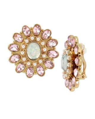 Gold tone flower clip earring with pink stones Clip Antique gold tone hardware Metal/glass/acrylic Length: 1.3 Width: 1.2" Pearl: acrylic Pearl size: 3mm