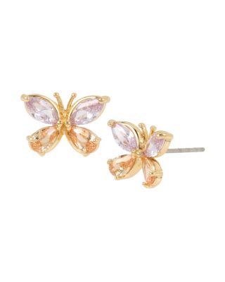 Peach and lavender crystals come together on these sparkly butterfly studs. The rose gold setting is the perfect contrast to the bright crystals. Crystal and peach colored CZ stone butterfly studs with gold tone details Post back Antique gold plating Metal/CZ Length: 0.3" Width: 0.5"