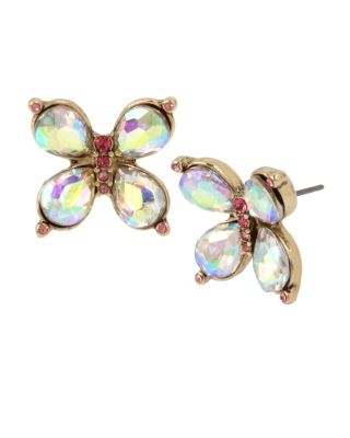 Faceted stones with an iridescent sheen create a lovely flower shape on this unique set of studs. These beauties will add a dash of sparkle to any outfit. Crystal stone butterfly studs with gold tone details Post back Antique gold Metal/glass Length: 0.5" Width: 0.5" Diameter: 0.5"