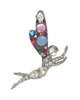 This whimsical fairy pin will bring a dash of sparkle to any outfit. Her dancing motif is adorned with a collection of colorful jewels that will bring a vibrant touch to any outfit. Fairy pin with crystal stone accents and mixed multi-colored stone wings Pin Two-tone Metal/glass/epoxy Length: 2.25" Width: 1.5"