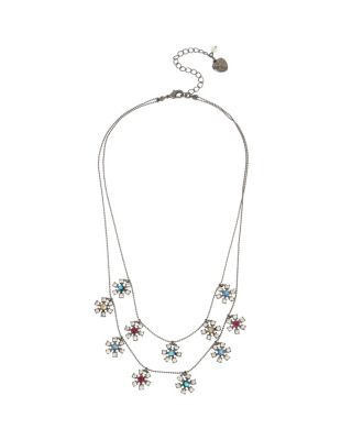This stunning illusion necklace features rows of floating daisies. This feminine piece will give your look a soft, flowery feel. Hematite-tone necklace with multi-colored stone daisies Lobster claw Hematite Metal/glass Length: 16"-18" + 3" Ext Frontal Drop 1.5"