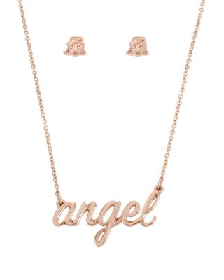 This ultra charming angel set features a pair of stud earrings and a chain necklace. Rose gold angel faces decorate these small-scale studs, while script spells it out on the necklace. Set includes necklace and one pair of stud earrings Necklace: rose gold tone 'angel' necklace Necklace closure: lobster clasp Necklace length: 16" + 3" extension Necklace frontal width: 1.4" Necklace frontal drop: 0.75" Earrings: rose gold tone angel studs Earring back: post back Earring length: 0.25" Earring width: 0.25" Rose gold plating Metal/glass