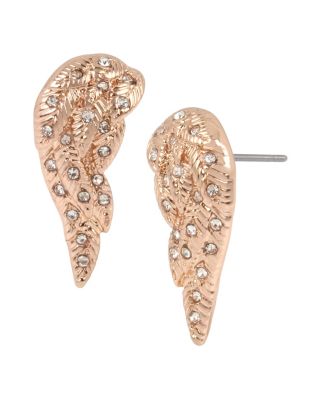 These lovely post back earrings feature a pair of stunning rose gold wings. Each delicate motif is adorned with a selection of bright crystals for added sparkle. Rose gold tone angel wings studs with crystal stone accents Post back Rose gold plating Metal/glass Length: 0.9" Width: 0.3"