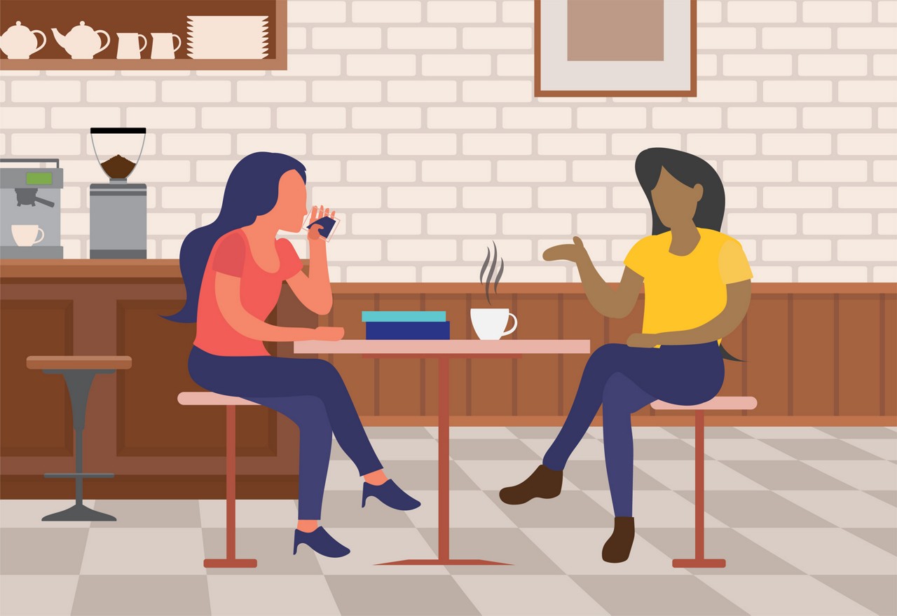 An illustration of two women talking over coffee.