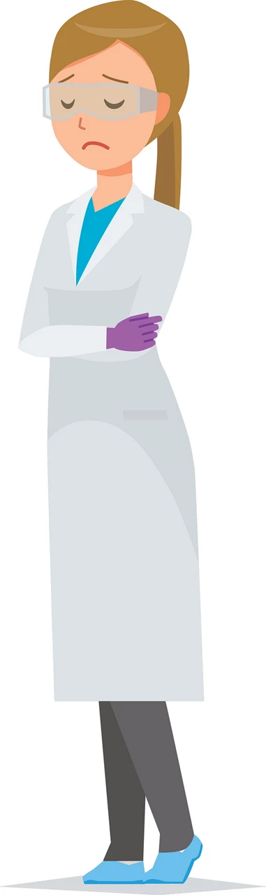 A vector drawing of a sad woman in a lab coat.