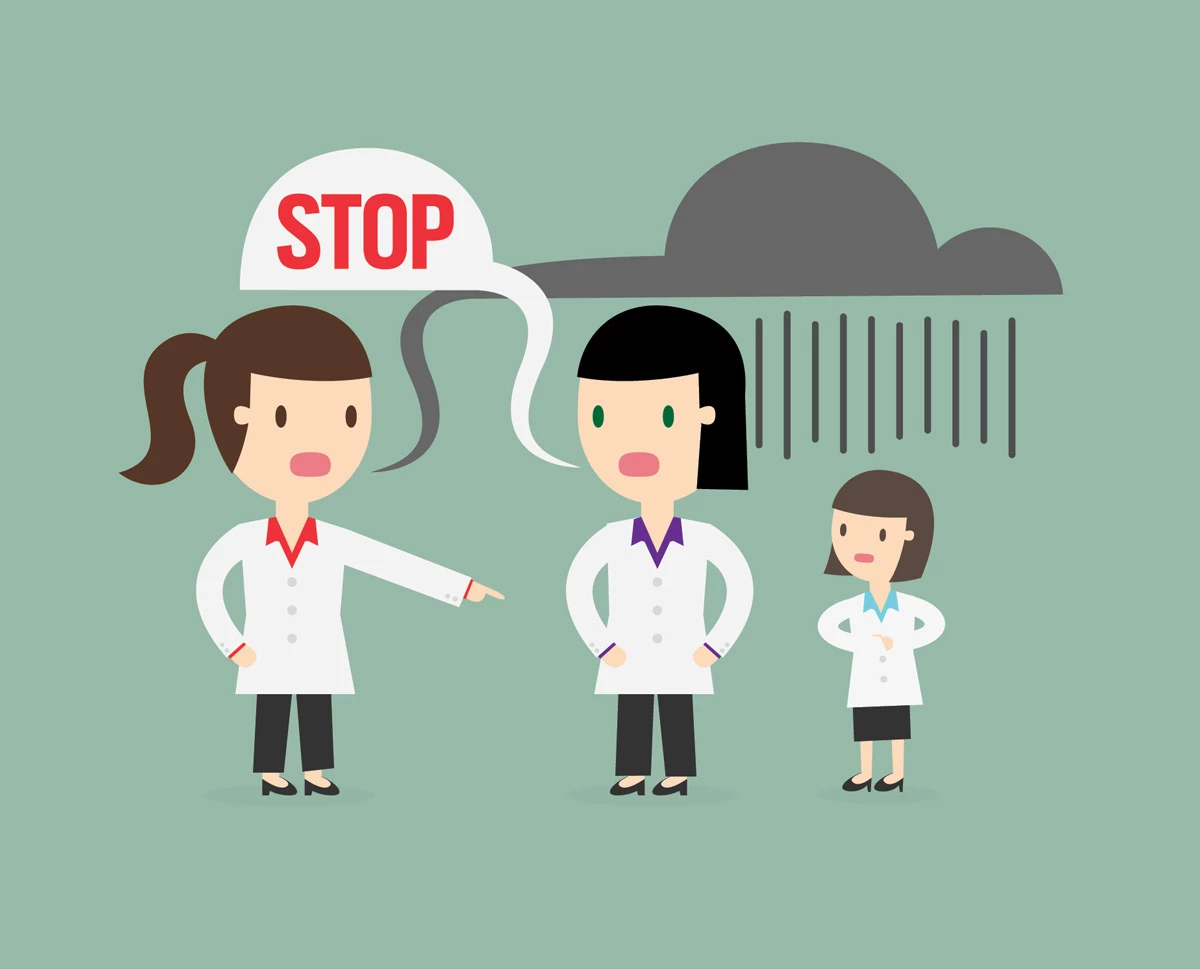 An illustration shows three people, one of whom is pointing down at someone under a rain cloud. The third person is telling the bully “Stop.”