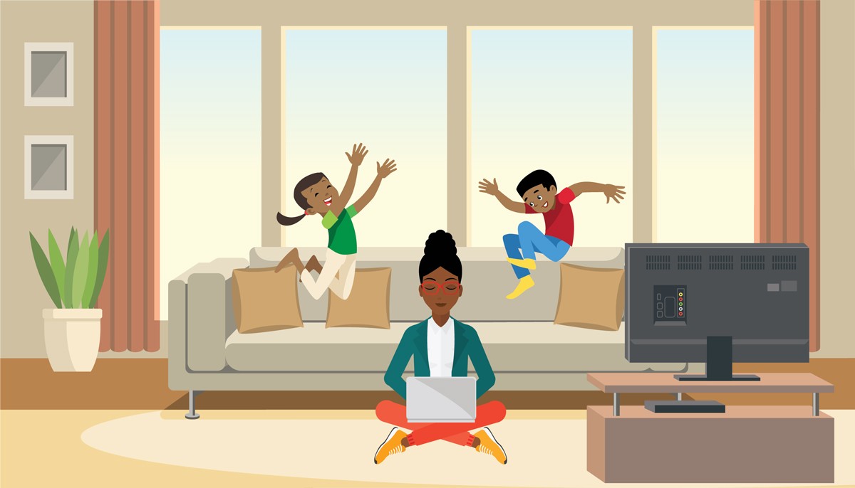 An illustration of a woman trying to work from home with two kids playing in the background.