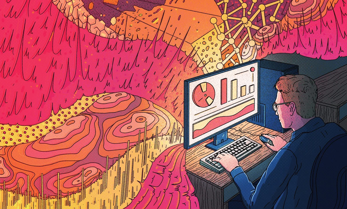 A conceptual illustration of a person working on a desktop computer, with a pink, orange, yellow, peach, and purple array of scientific textures (including spikes, bars, dots, and structures) unfolding beyond the screen.