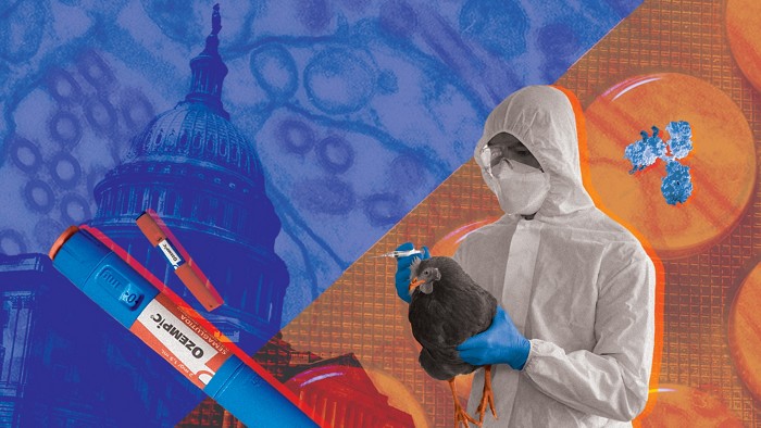 A collage of several images including a pill packet and gloved hands holding a pill packet. This is set against an image of the US Capitol Building.