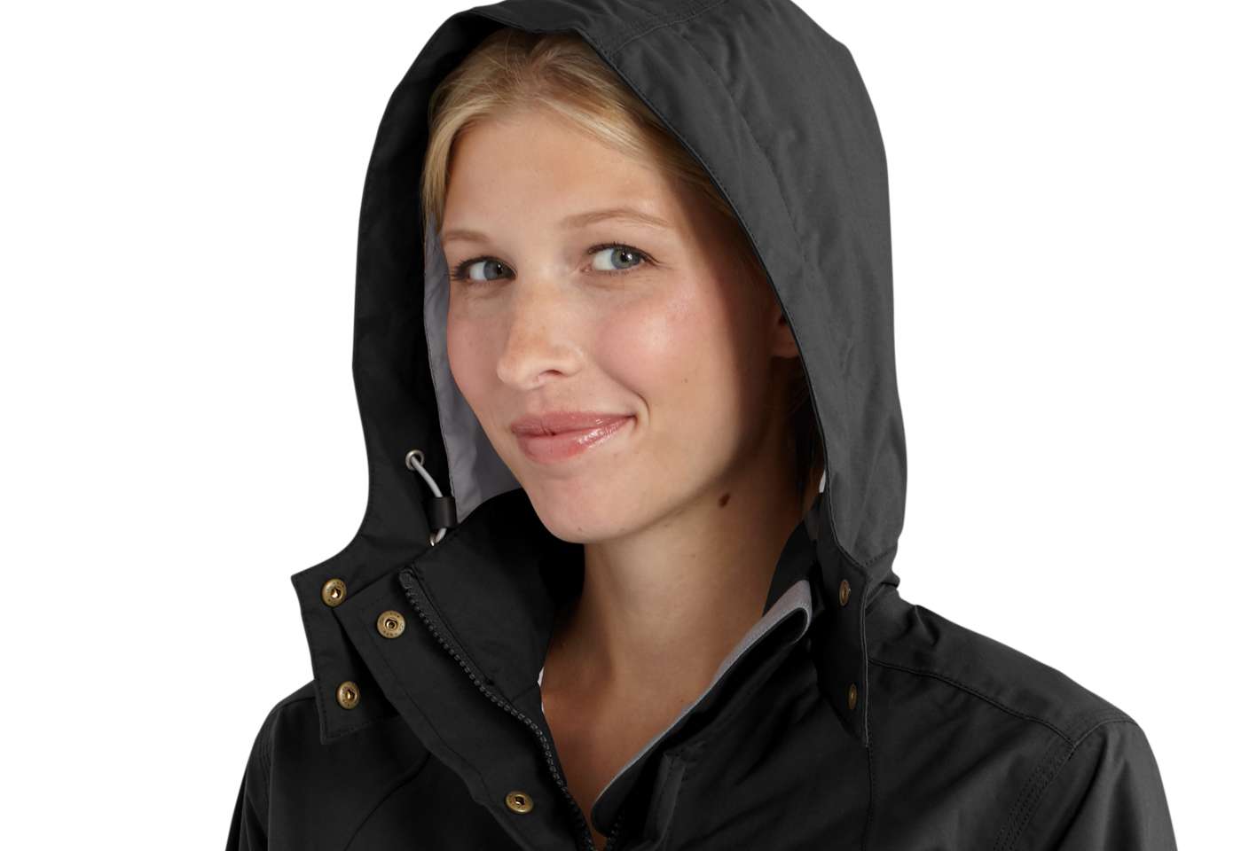 Detachable three-piece hood with drawcord and barrel-lock adjusters
