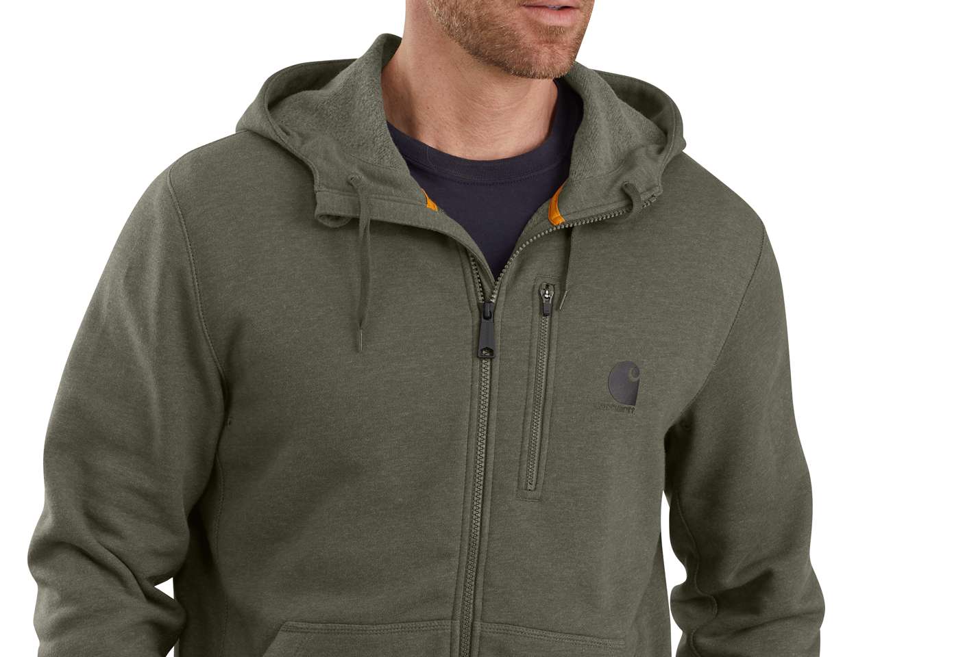  Full-zip front with 3-piece pullover hood and drawcord closure