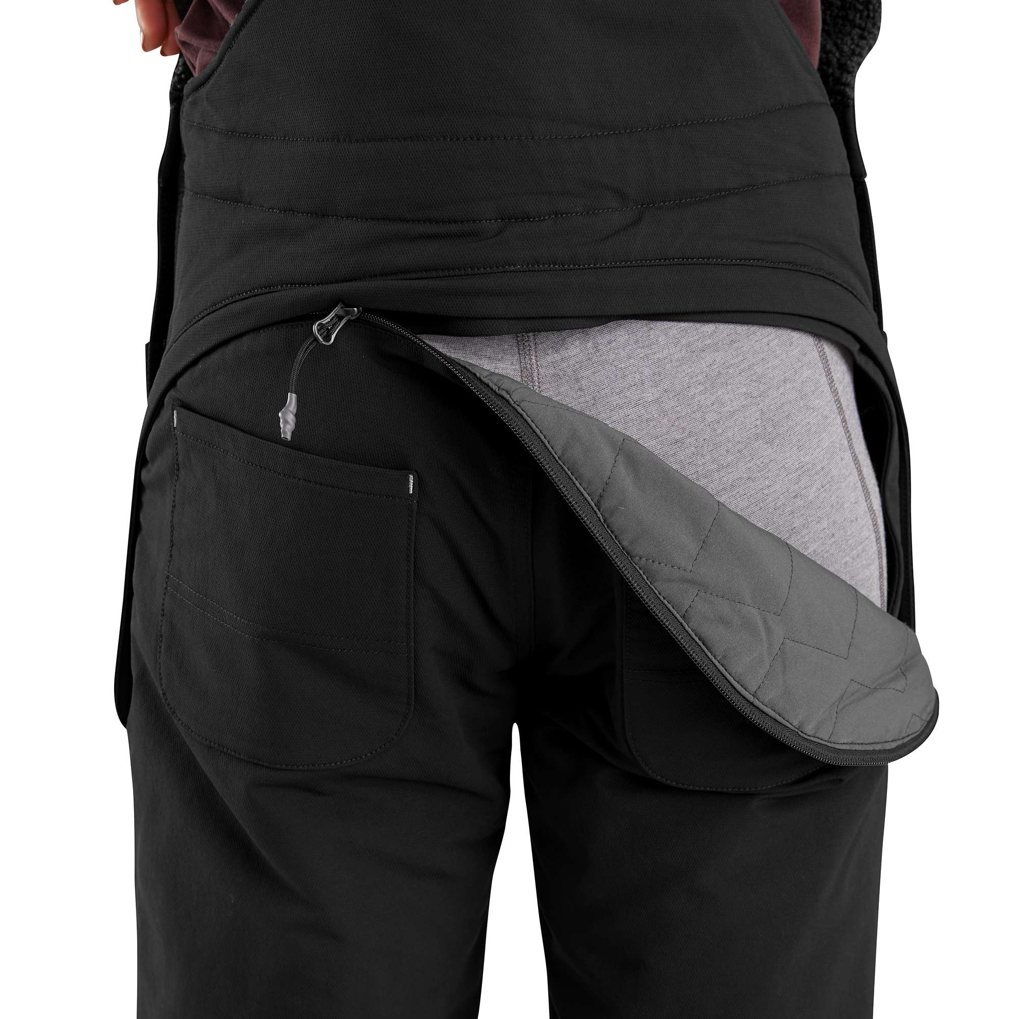 Zipper drop-seat allows restroom use without removing overalls