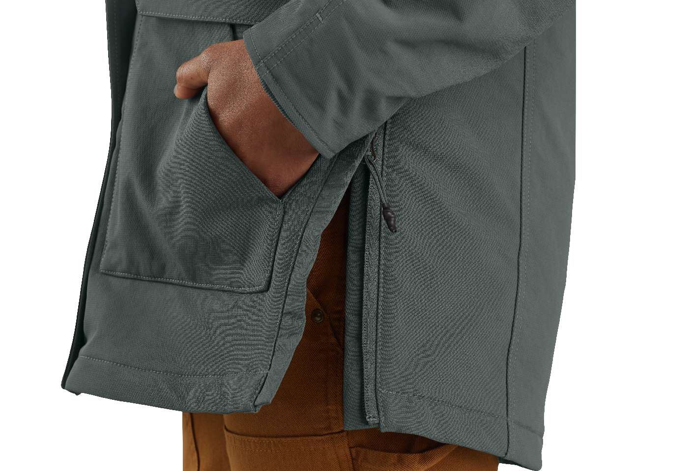 Side hem zippers allow more room to move when you need it