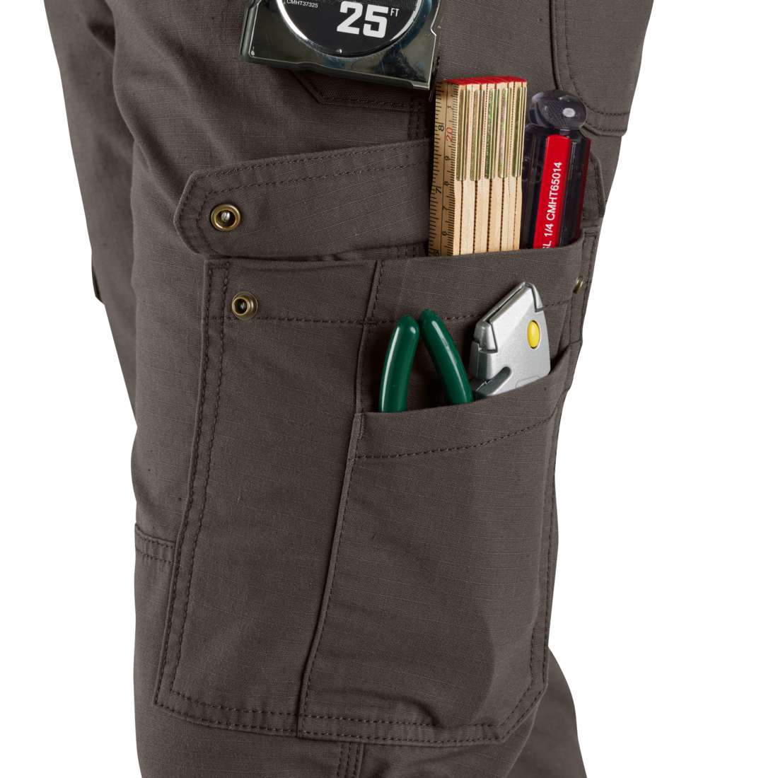 Close view of a brown cargo pocket with an open snap flap, side folds and smaller tool compartments