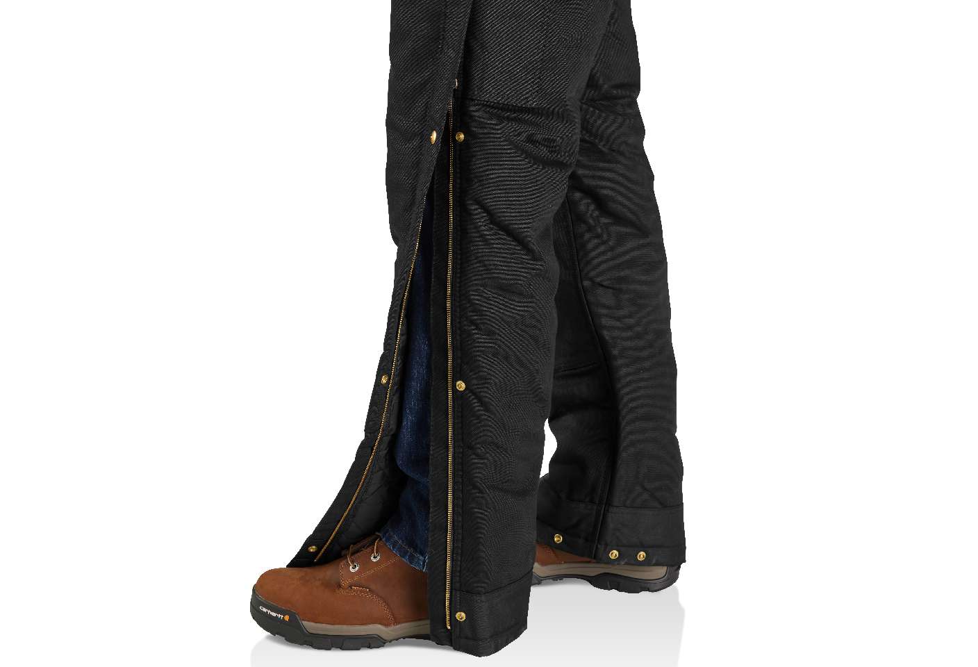 Ankle-to-thigh leg zippers have reinforced storm flaps for weather protection.