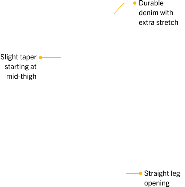 Durable denim with extra stretch, Slight taper starting at mid-thigh, Straight leg opening