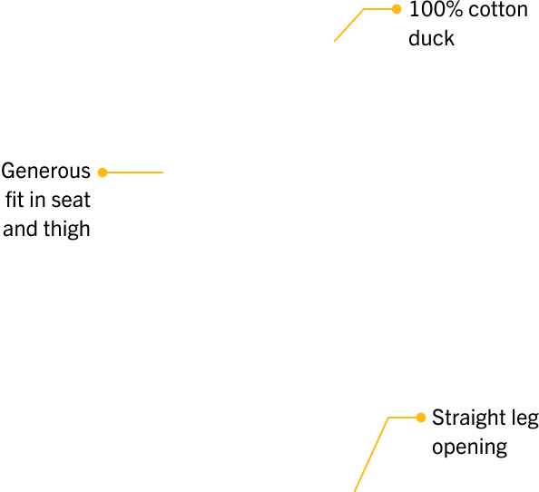 100% cotton duck, Generous fit in seat and thigh, Straight leg opening