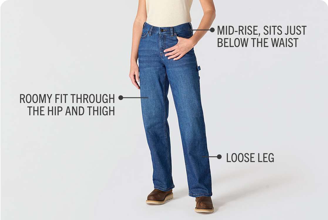 MID-Rise, sits JUST BELOW the waist, ROOMY FIT THROUGH THE HIP AND THIGH, LOOSE LEG