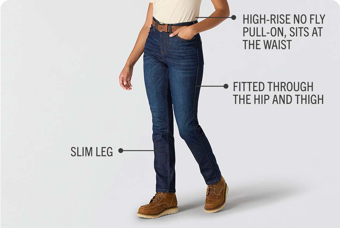High-rise no fly pull-on, sits at the waist, fitted through the hip and thigh, slim leg