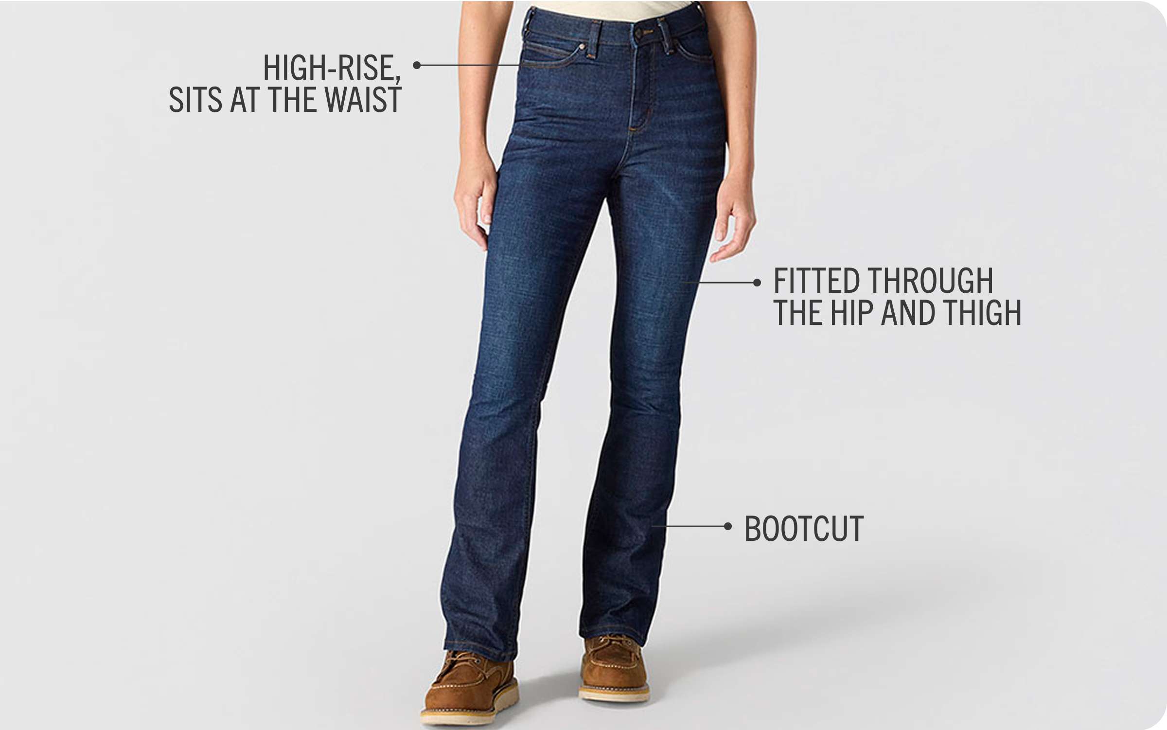 High-Rise, sits at the waist, FITTED THROUGH THE HIP AND THIGH, BOOTCUT
