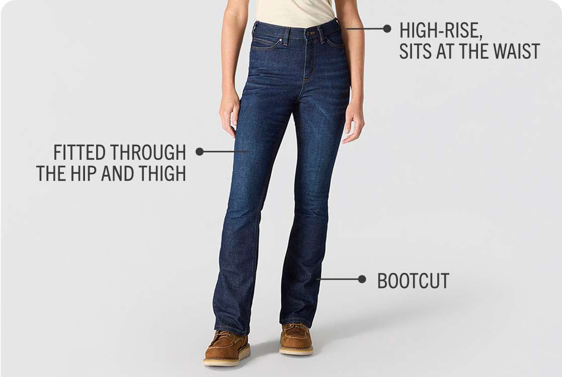 High-Rise, sits at the waist, FITTED THROUGH THE HIP AND THIGH, BOOTCUT