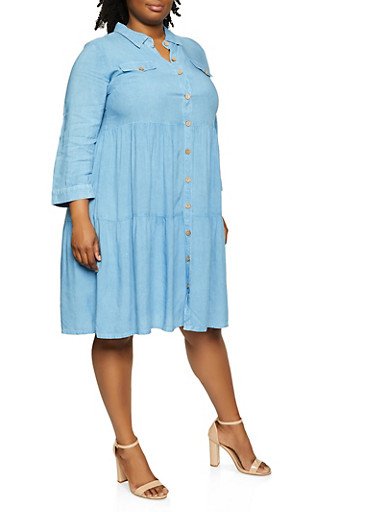 Plus Size Chambray Tiered Button Front Dress - Rainbow