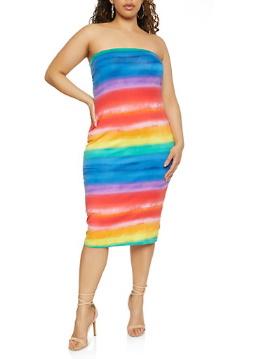 Plus Size Rainbow Striped Midi Tube Dress - Rainbow