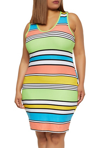 Plus Size Striped Rib Knit Tank Dress Rainbow