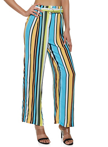 Belted Striped Palazzo Pants - Rainbow