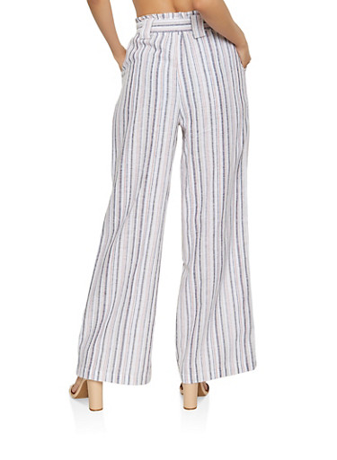 blue and white striped paper bag pants