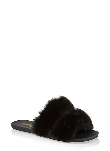 white faux fur slides