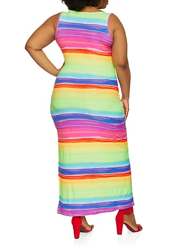 Plus Size Rainbow Striped Maxi Dress - Rainbow