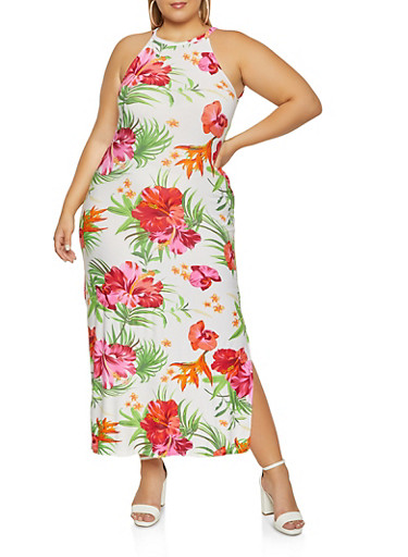 Plus Size Tropical Floral Maxi Dress - Rainbow