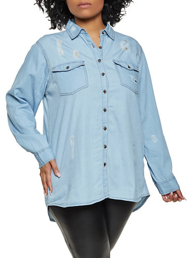 plus size distressed denim shirt