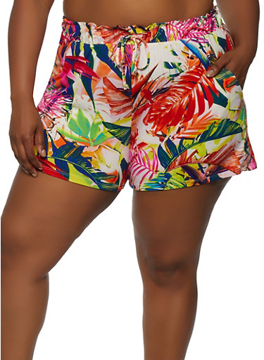 Plus Size Tropical Print Shorts - Rainbow