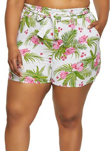 Plus Size Tropical Floral Shorts - Rainbow