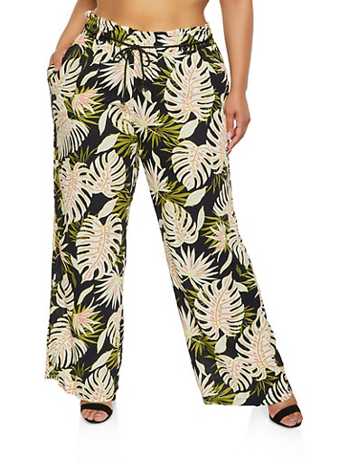 Plus Size Tropical Print Linen Pants - Rainbow
