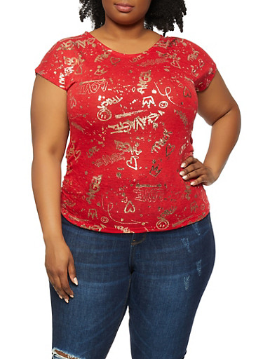 Plus Size Graffiti Foil Print Top