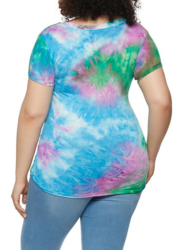 Plus Size Tie Dye Ruched V Neck Top - Rainbow