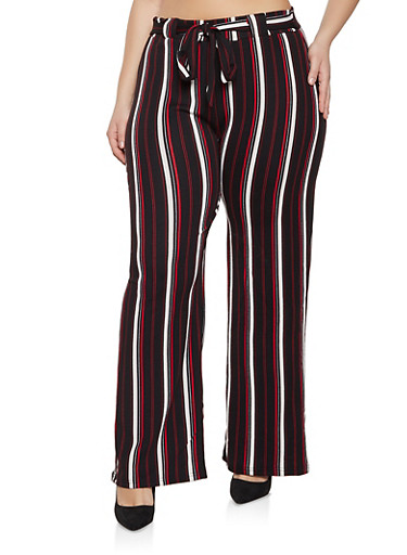 Plus Size Tie Waist Striped Palazzo Pants Rainbow