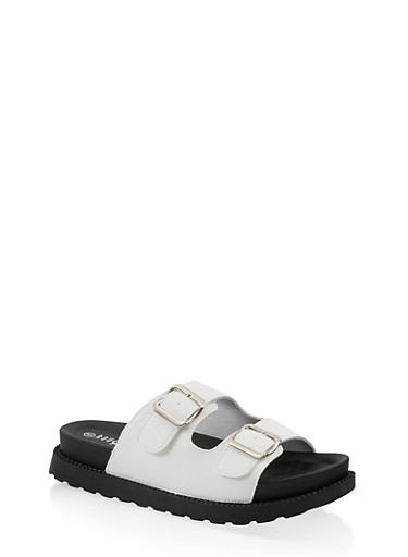 double buckle iridescent slide sandals