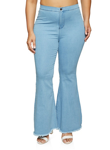 Plus Size High Waisted Frayed Hem Flare Jeans
