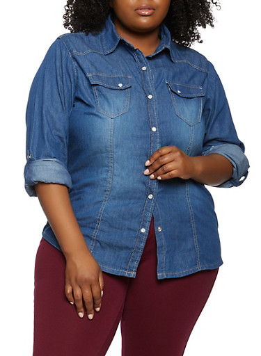 Plus Size Denim Button Front Top - Rainbow