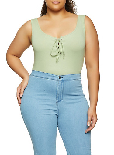 Plus Size Lace Up Rib Knit Tank Bodysuit