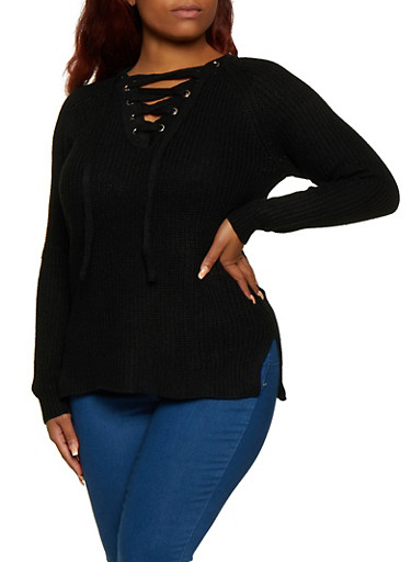 Plus Size Solid Lace Up Sweater - Rainbow